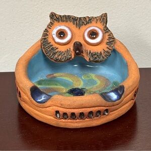 Handmade Cuban Owl Ashtray Trinket Dish Blue Orange Pottery Decor